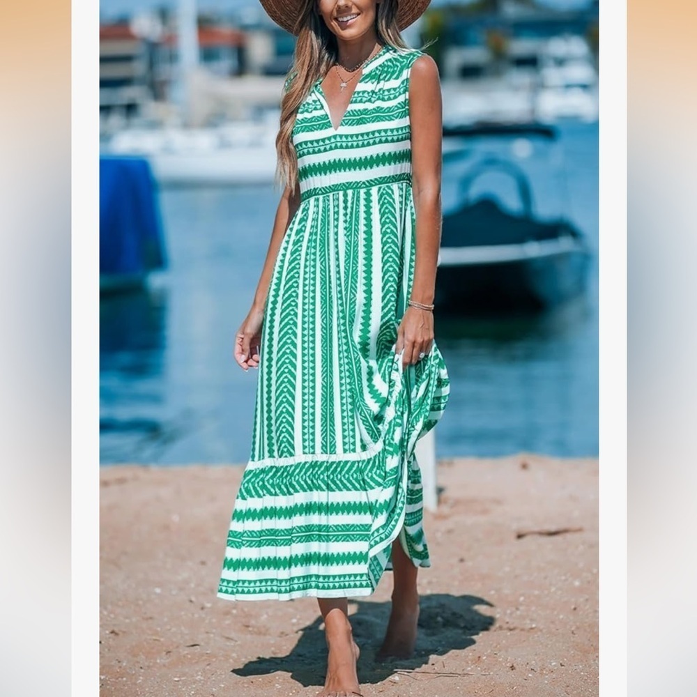 Brand New POPVIL Green White Ruffle Sleeveless Maxi Dress V-Neck Geometric Rayon